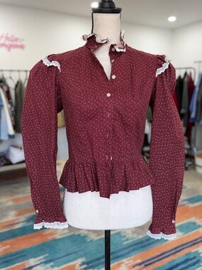 Vintage Stitches Burgundy Ditsy Print with Lace Trim